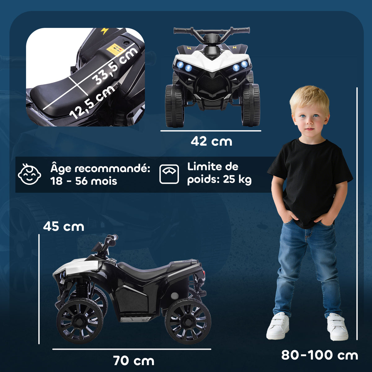6 V-os elektromos gyerek quad zenével és LED-fényszórókkal, fehér–fekete