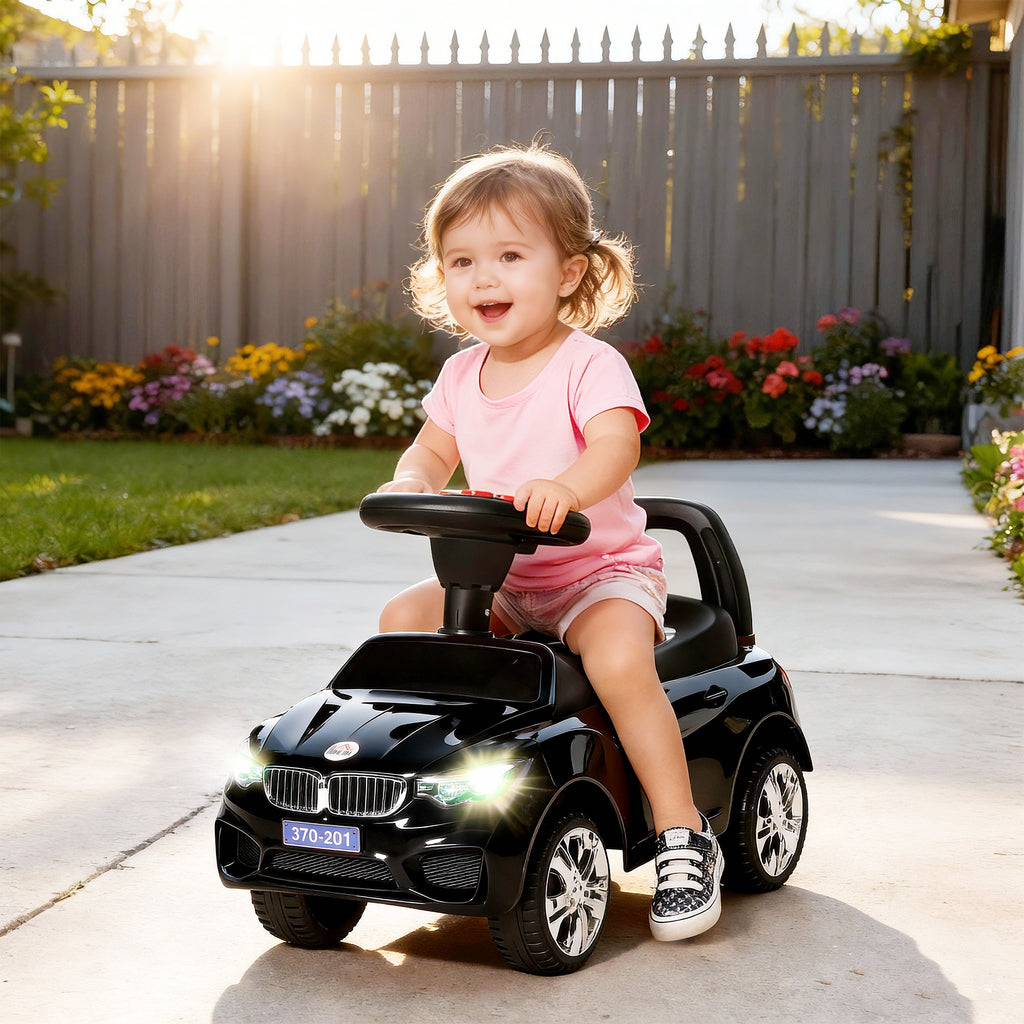 Porteur enfants voiture, véhicule à pousser avec coffre à jouets, klaxon, phares et musique, 63,5 x 28 x 36 cm, noir-1