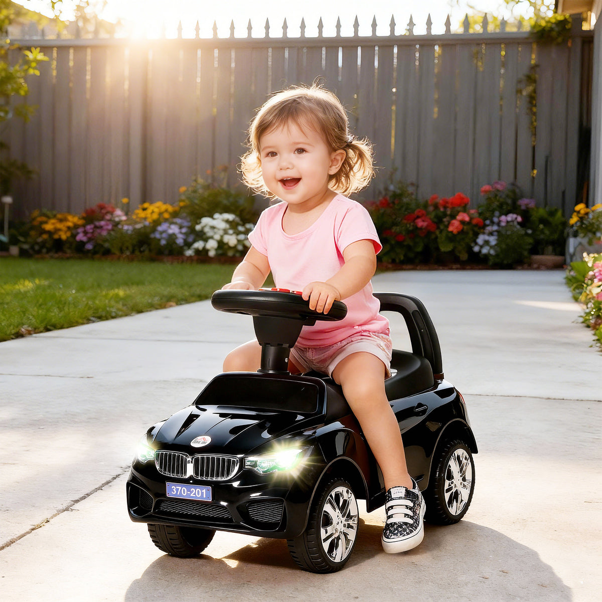 Porteur enfants voiture, véhicule à pousser avec coffre à jouets, klaxon, phares et musique, 63,5 x 28 x 36 cm, noir-1