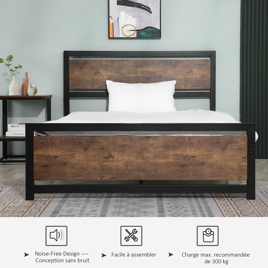 Cadre de lit double en acier avec sommier et tête de lit compatible matelas 190 x 140 cm aspect bois foncé-5