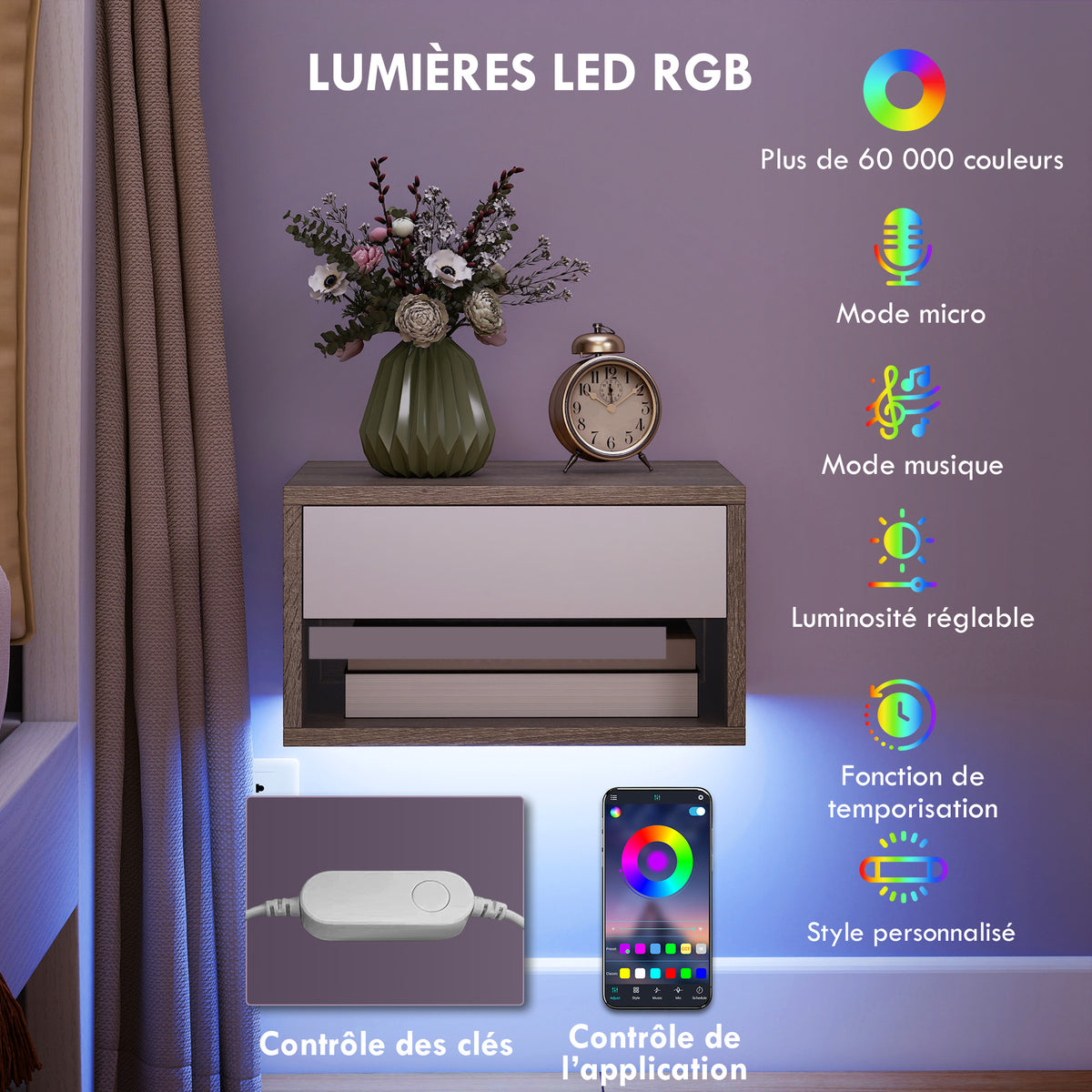 Lot de 2 tables de chevet suspendues avec éclairage LED RGB contrôle par application, étagère, tiroir, 37x32x21cm, teck-3