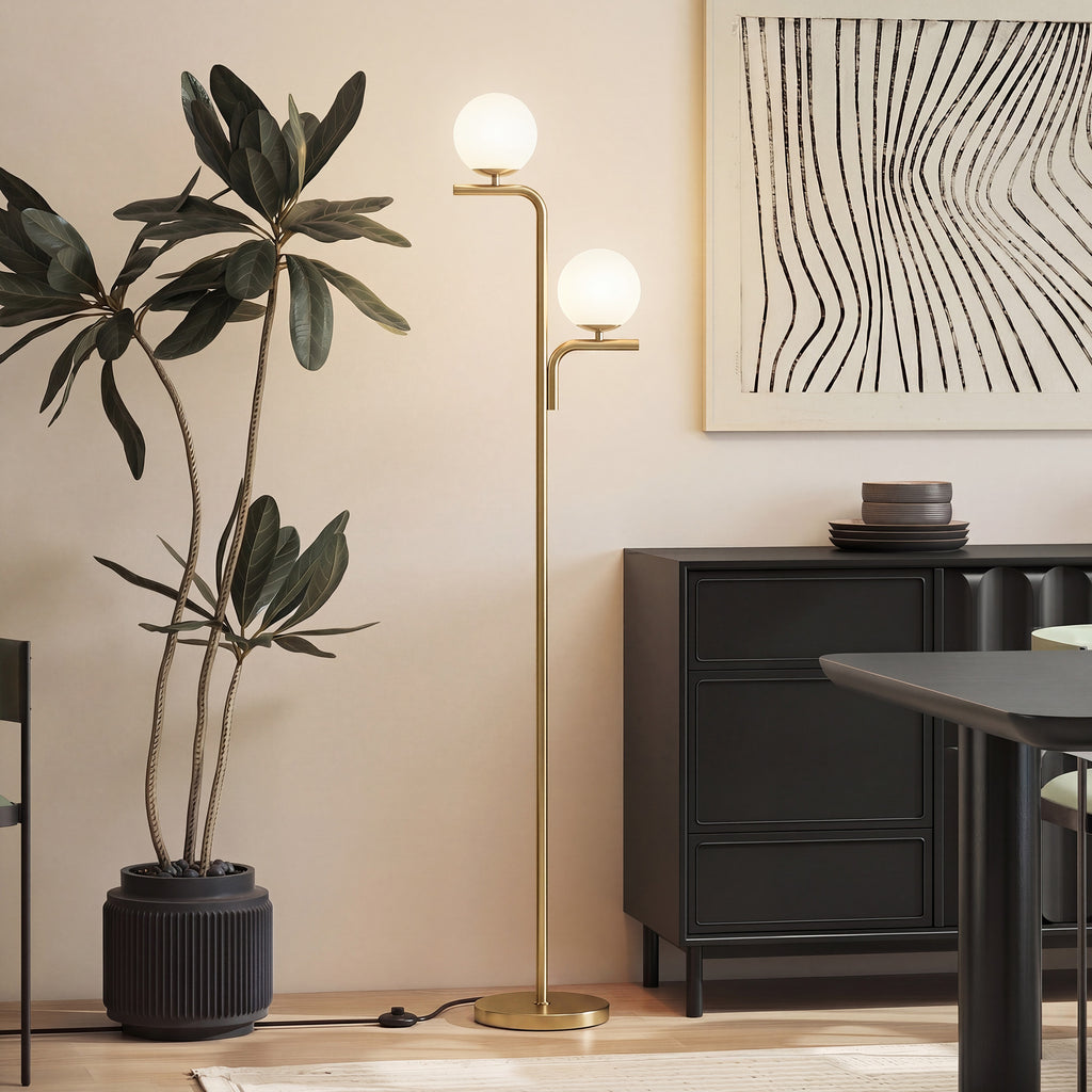 Lampadaire sur Pied Salon à Double Tête, Lampe sur Pied avec 3 Températures de Lumière, Abat-Jour en Verre, Doré-6