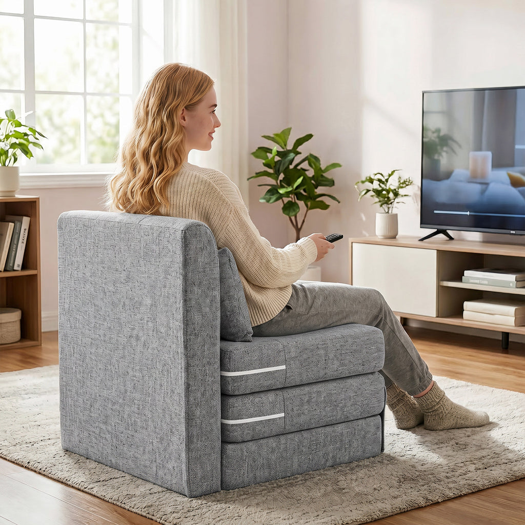 Fauteuil chauffeuse pliant 3 en 1 avec coussin, convertible, matelas dépliant pour invités, salon, bureau, gris-7
