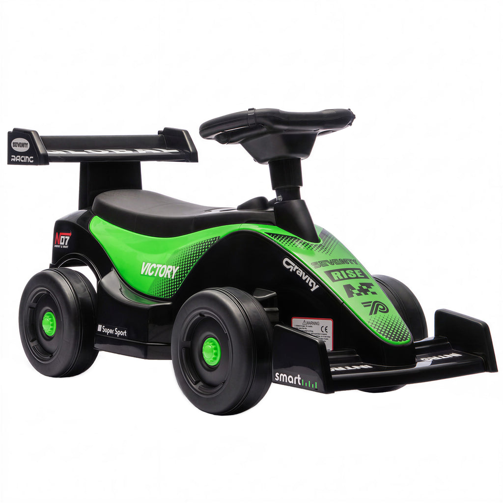 Porteur enfants voiture F1, véhicule à pousser avec volant musical, roues silencieuses et coffre, 18-36 mois, vert-0