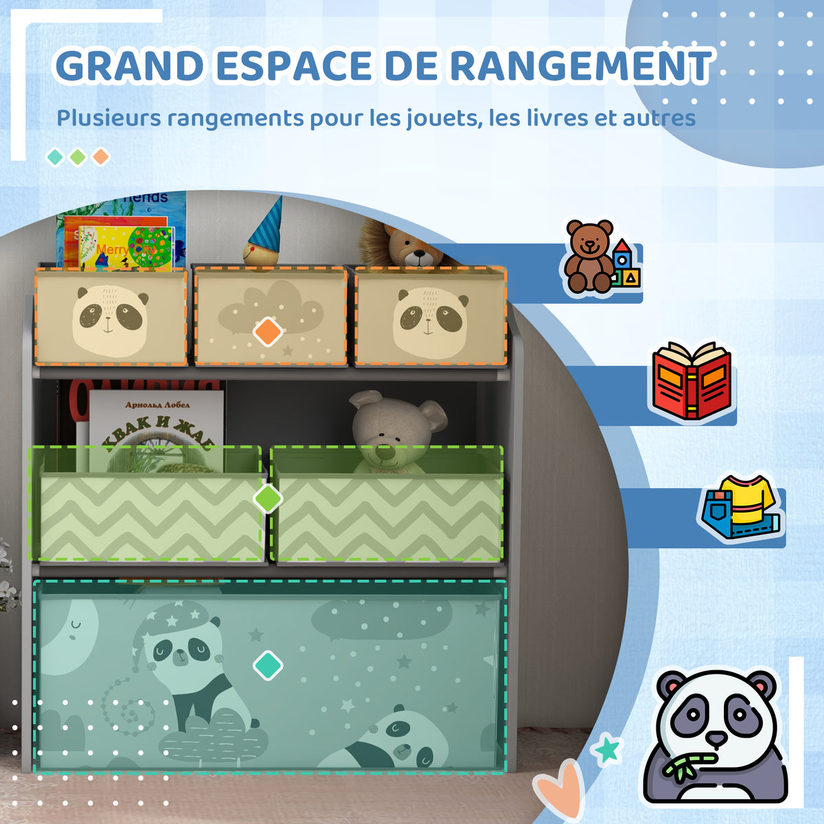 Meuble rangement enfant rangement jouet enfant 6 boîtes amovibles en tissu non tissé 63 x 30 x 66 cm gris-3