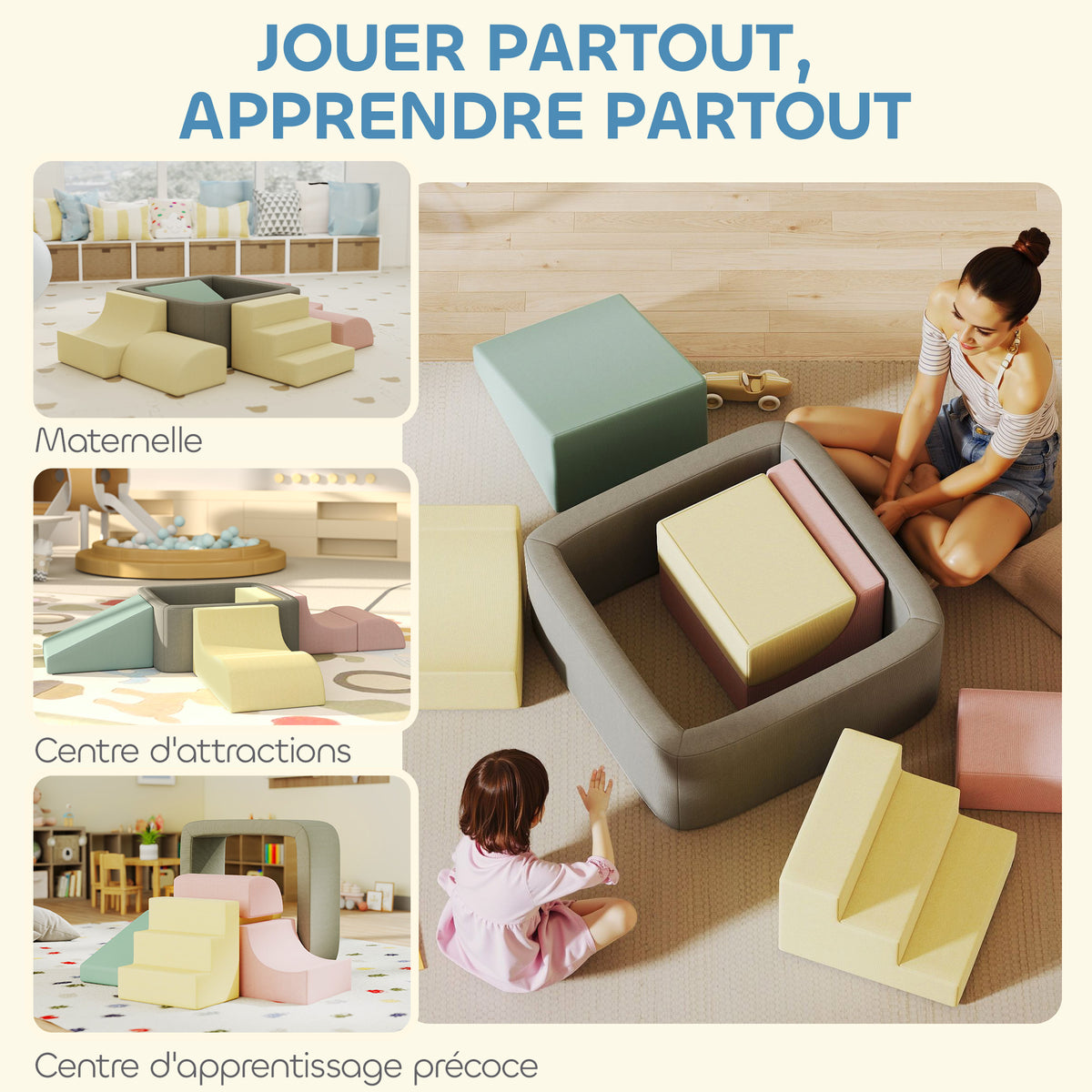 Parcours motricité bébé modulable en mousse 7 pièces housse lavable en velours côtelé 174 x 174 x 30 cm multicolore