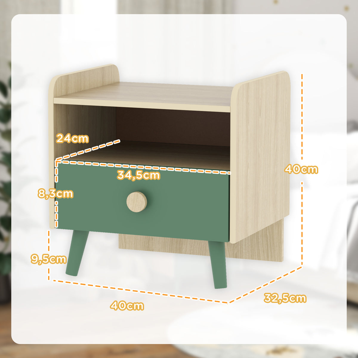 Lot de 2 tables de chevet enfant, tables de nuit enfant avec tiroir et niche, pour chambre d'enfant, 40x32,5x40cm, vert-2