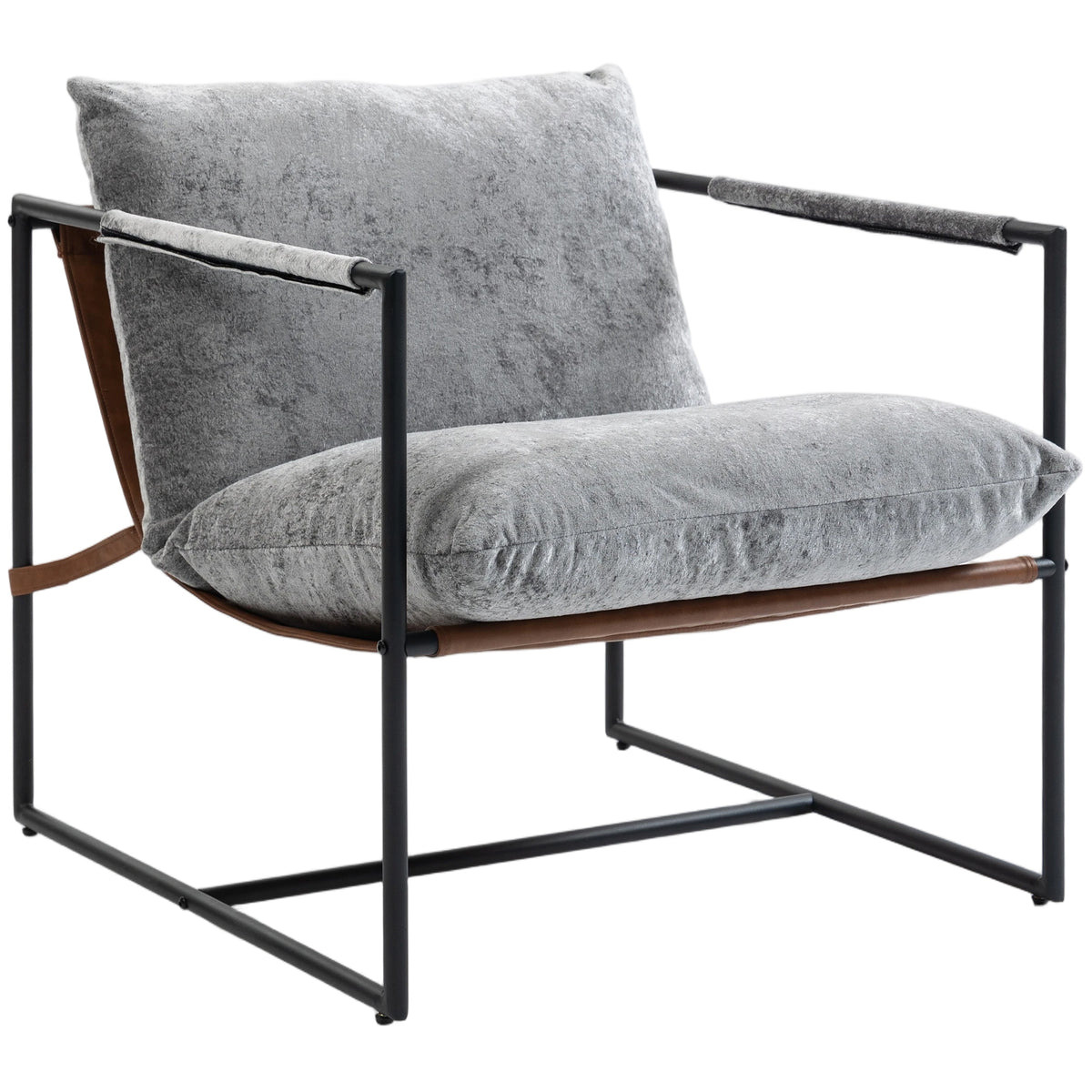 Fauteuil salon, fauteuil d'appoint rembourré en velours imprimé, large assise et structure en acier, 77x91x80cm, gris-0