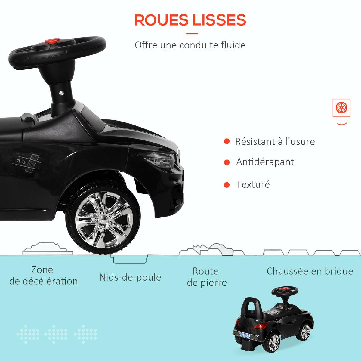 Porteur enfants voiture, véhicule à pousser avec coffre à jouets, klaxon, phares et musique, 63,5 x 28 x 36 cm, noir-4