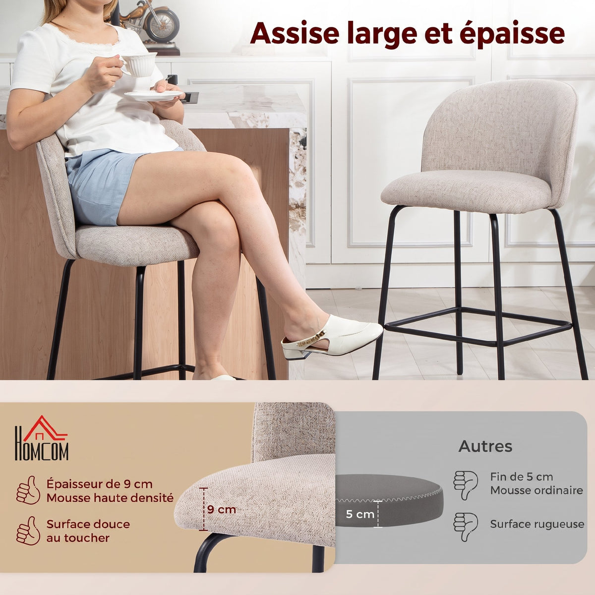 Lot de 2 Tabourets de Bar, Chaises de Bar, Repose-Pieds et Dossier, Tissu Effet Lin, Hauteur d'Assise 68cm, Gris Clair-3