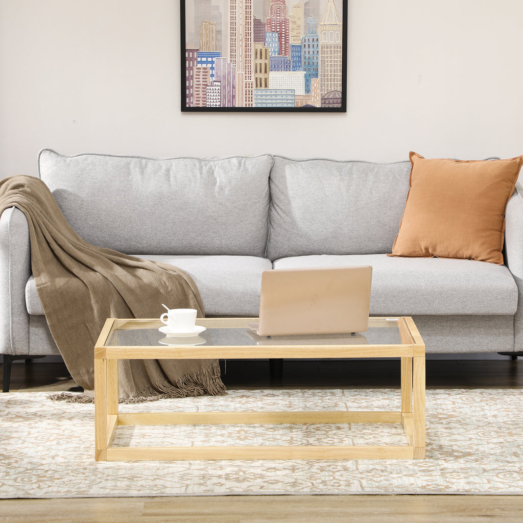 Table basse rectangulaire table de salon avec plateau en verre trempé cadre en bois d'hévéa dim. 100L x 60l x 35H cm-6