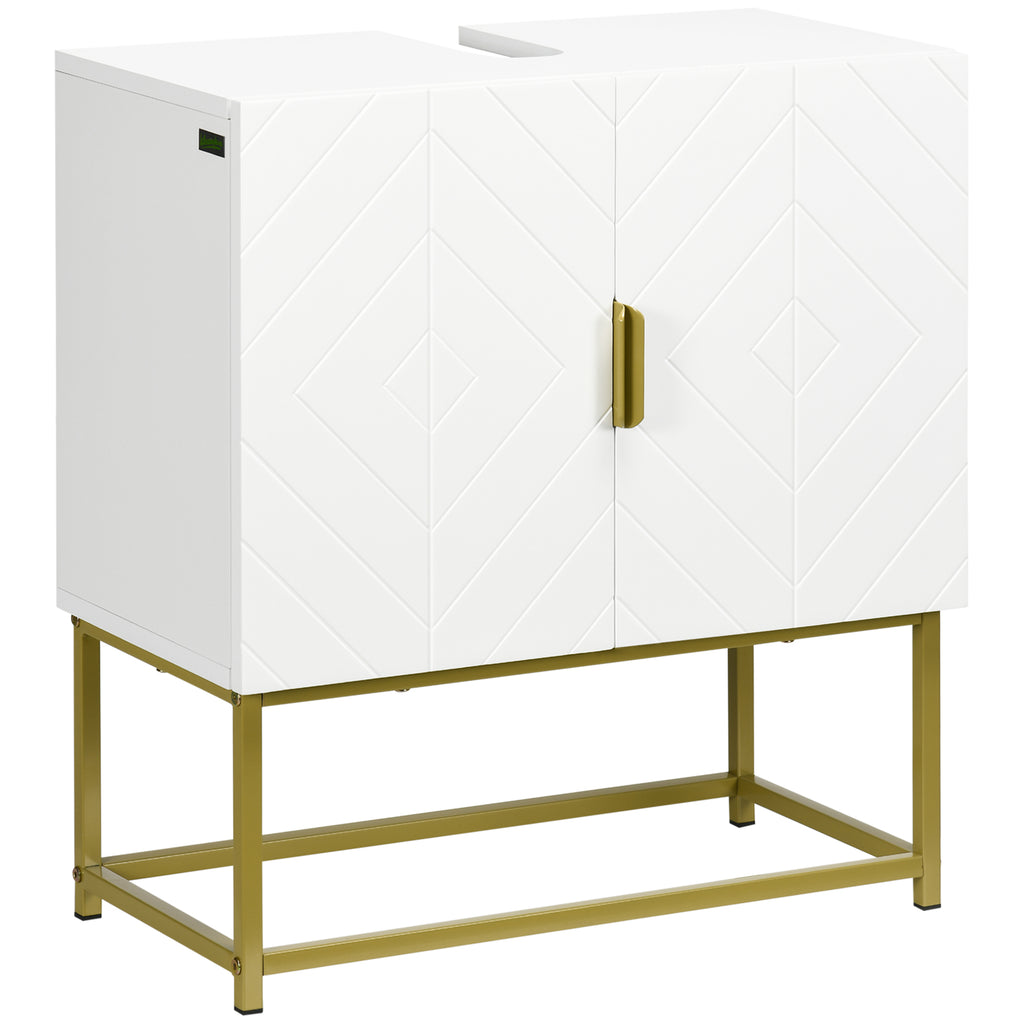 Meuble sous lavabo meuble de salle de bain avec placard double porte pieds en acier doré 60 x 30 x 65 cm blanc-0