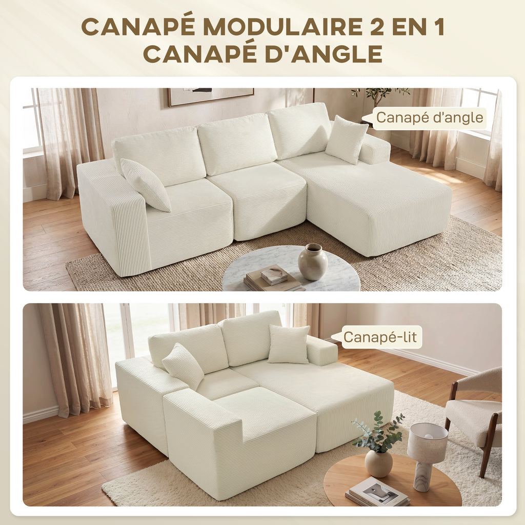 Canapé d'angle modulable 2 en 1, 267cm, canapé-lit 3 places en velours côtelé, larges assise et accoudoirs, crème-3