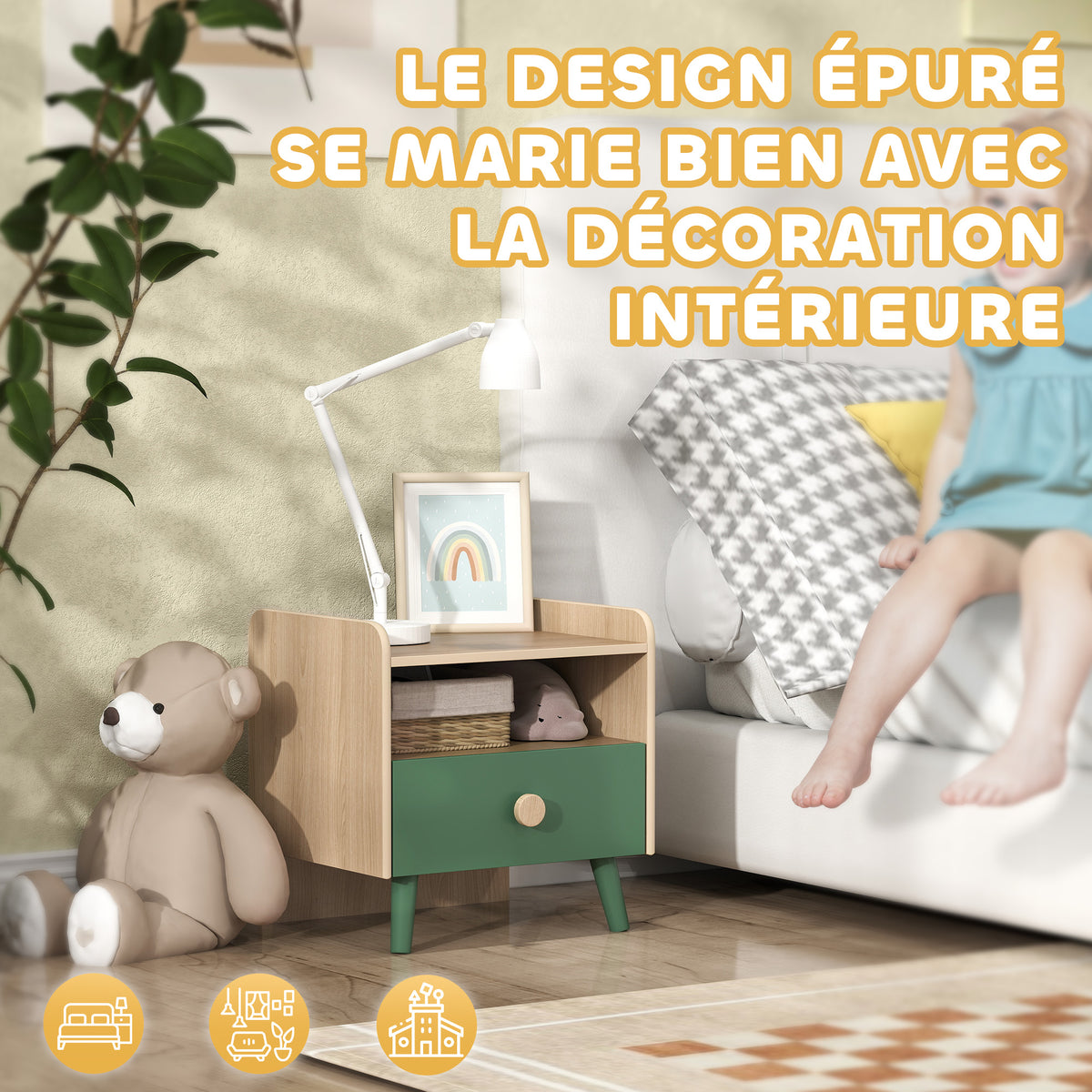 Table de chevet enfant table de nuit enfant avec tiroir et niche, petite table d'appoint en bois pour chambre d'enfant-4