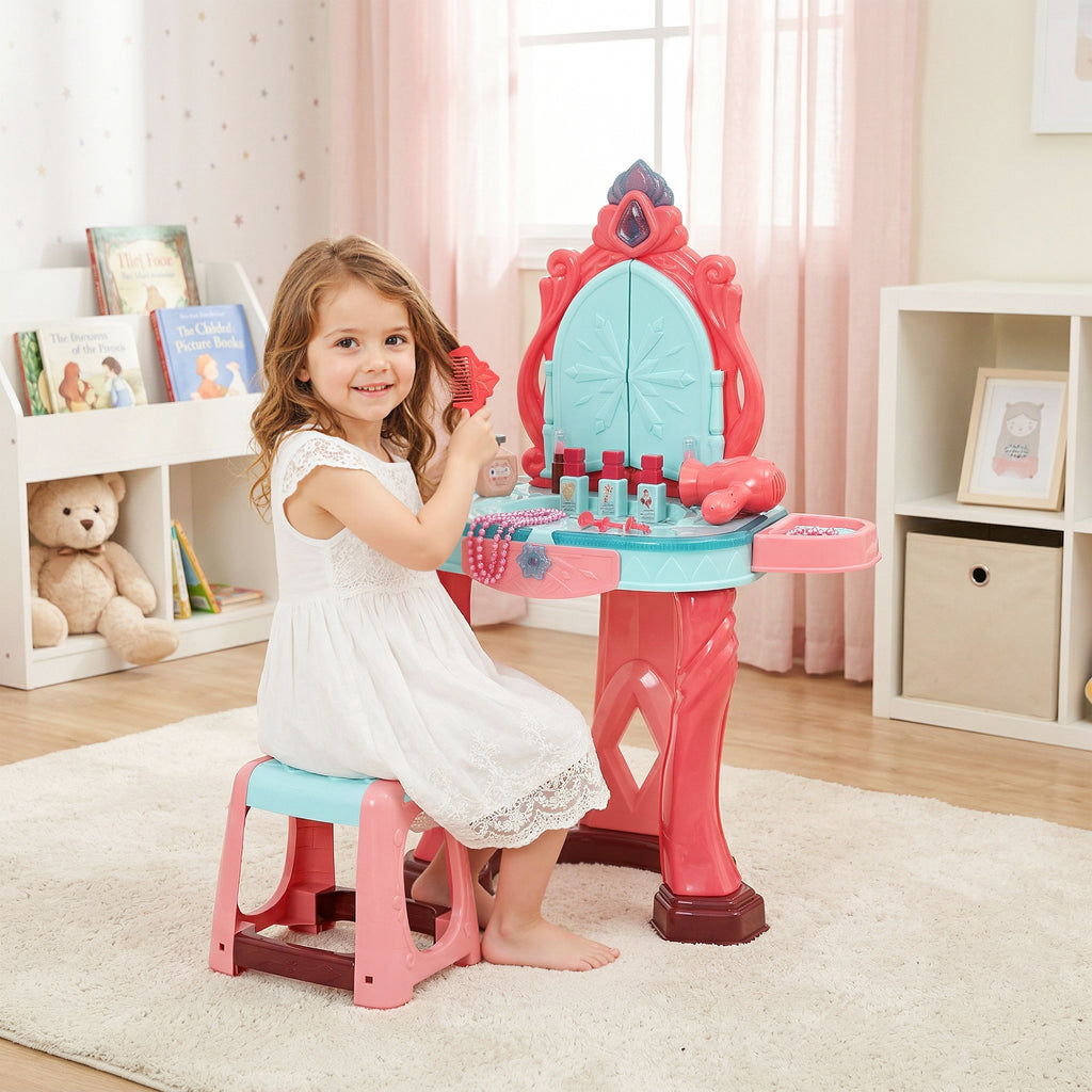 Coiffeuse Enfant Fille avec Tabouret, Miroir, Lumière, Musique, Accessoires, 3-6 Ans, 57x34x76cm, Multicolore