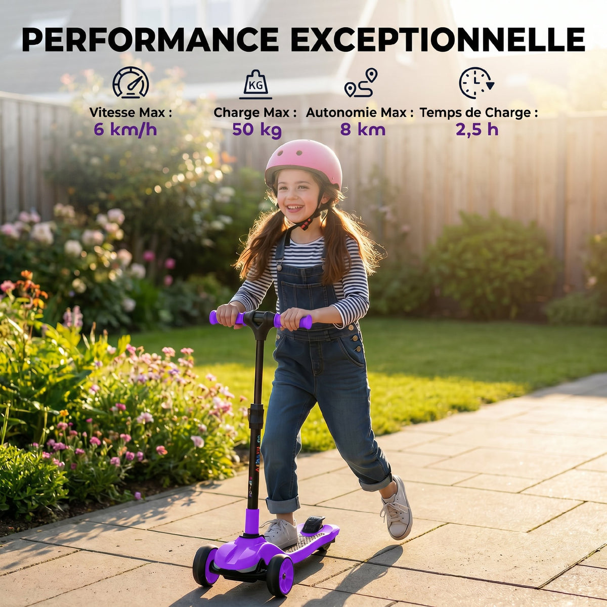 Trottinette électrique pour enfant 6 à 10 ans, pliable 3 roues démarrage zéro, vitesse maximale 8 km/h 64x29x83cm violet-6
