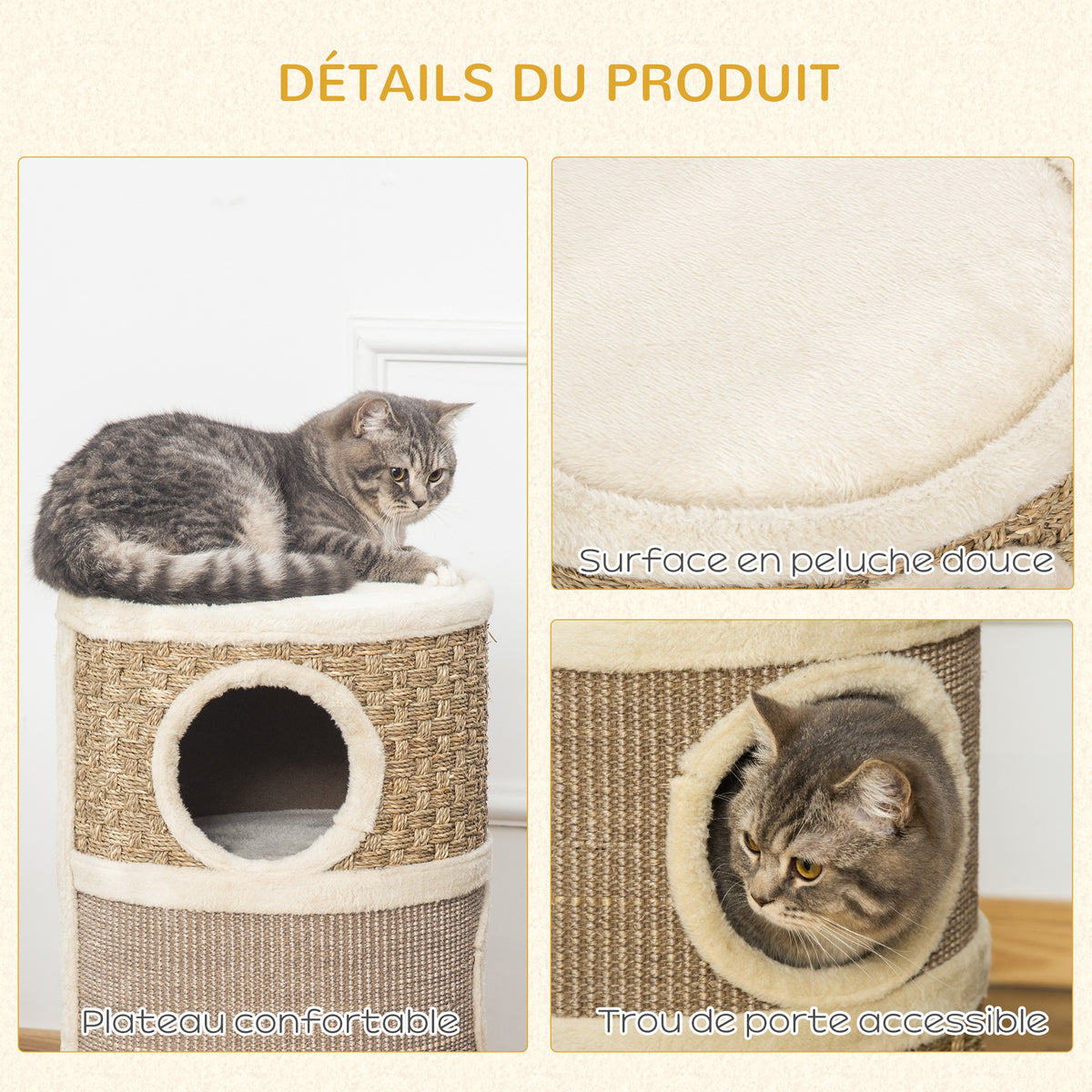 Tonneau à Gratter pour Chat, Arbre à Chat Sisal Naturel et Herbiers Marins Recouvert de Peluche, 37,5 x 37,5 x 70 cm, Kaki et Café-4