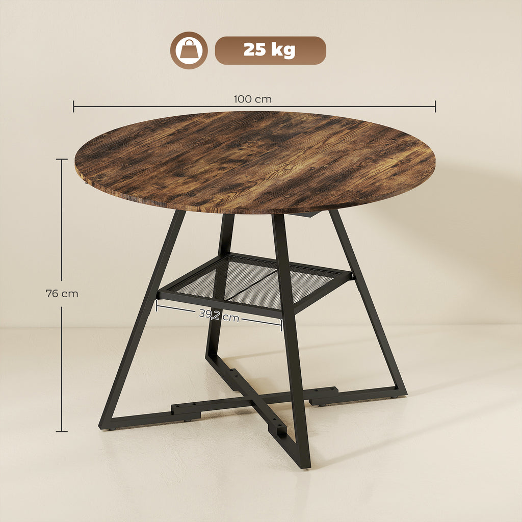 Table à manger ronde pour 4 personnes, Ø 100 x 76 cm, table de cuisine avec large plateau et étagère, brun rustique-2