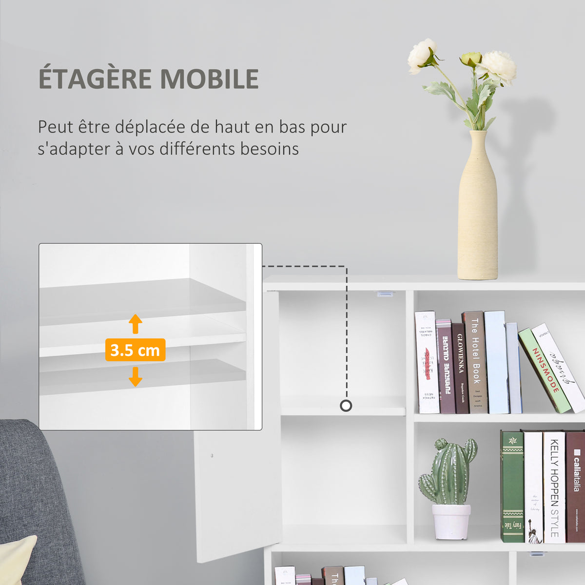 Bibliothèque scandinave 4 niches + 2 placards avec étagère dim. 80L x 24l x 123H cm Pieds effilés inclinés Bois Massif Panneaux Particules Blanc-3