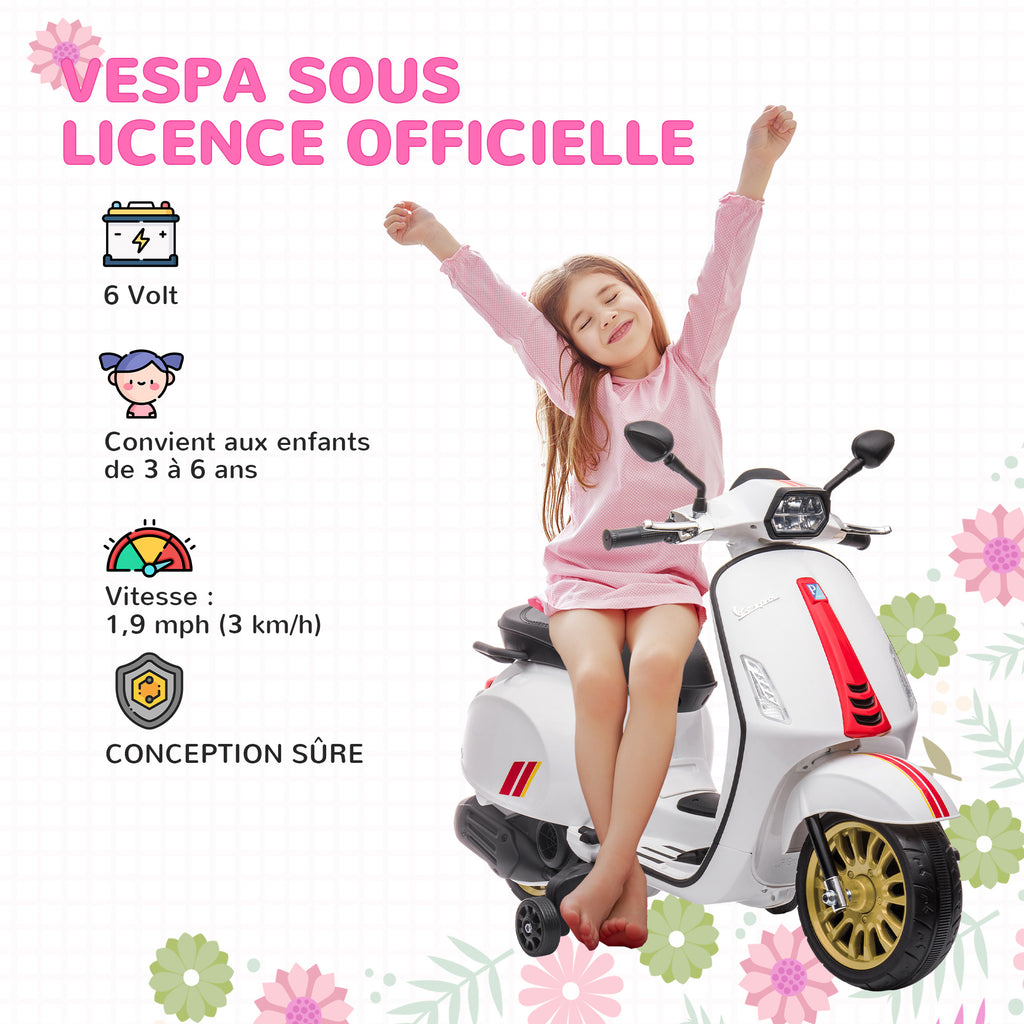 Scooter électrique enfant Vespa 6 V dim. 107L x 47l x 73H cm Musique MP3 Port USB Phare 2 roues d'entraînement - Blanc