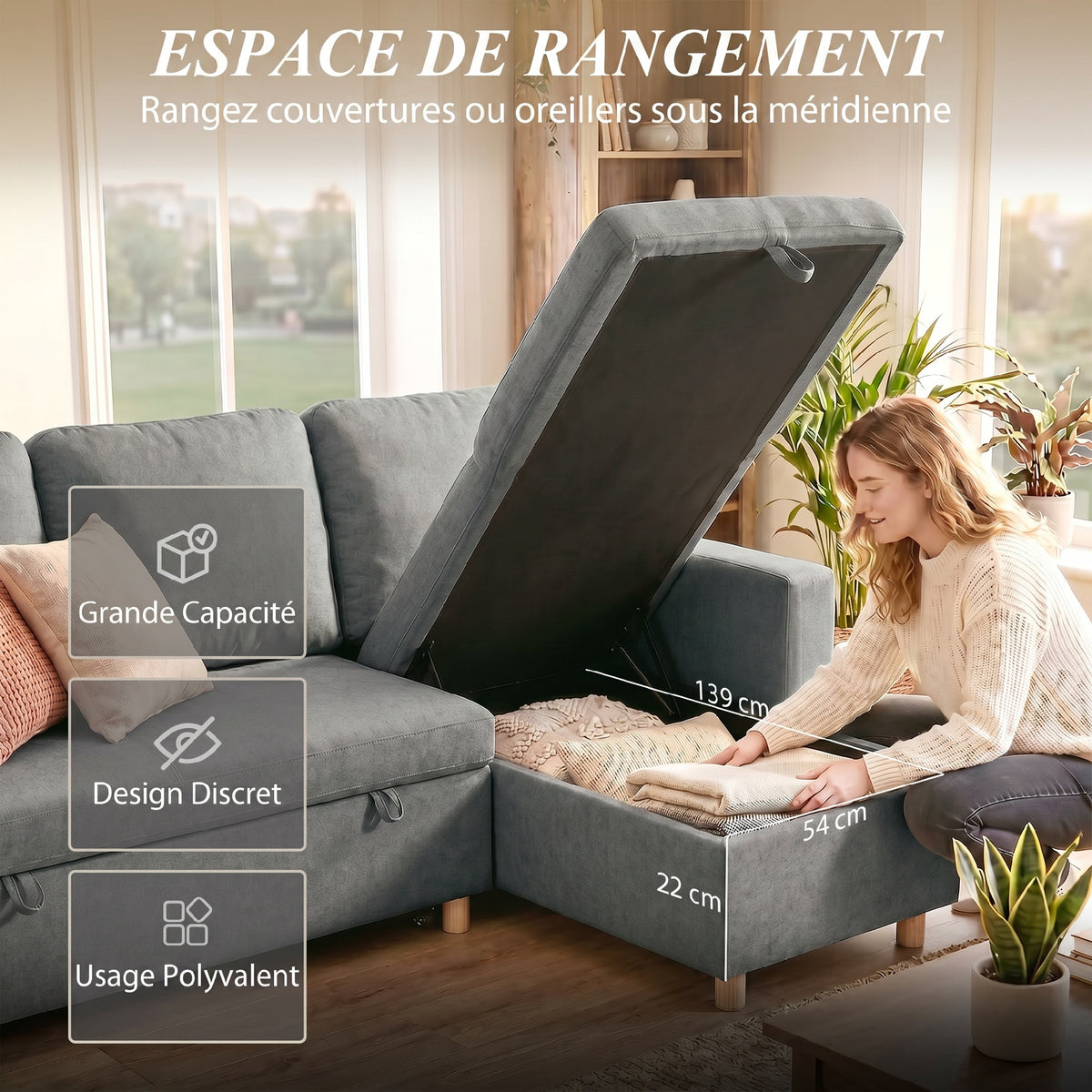Canapé d'angle convertible canapé lit canapé 3 places modulable avec méridienne réversible, coffre de rangement intégré et 3 coussins de dossier, tissu aspect lin, gris-5