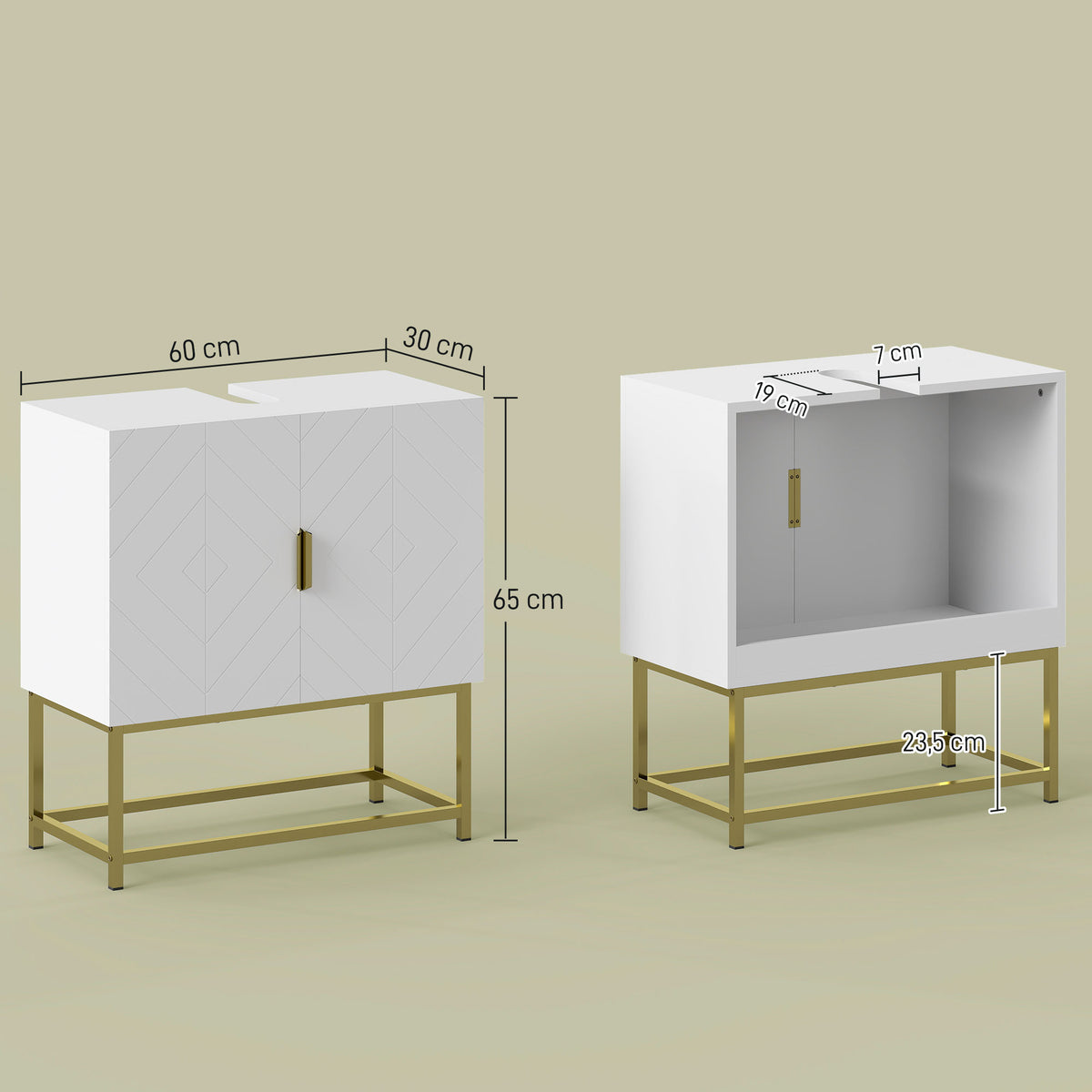 Meuble sous lavabo meuble de salle de bain avec placard double porte pieds en acier doré 60 x 30 x 65 cm blanc-2