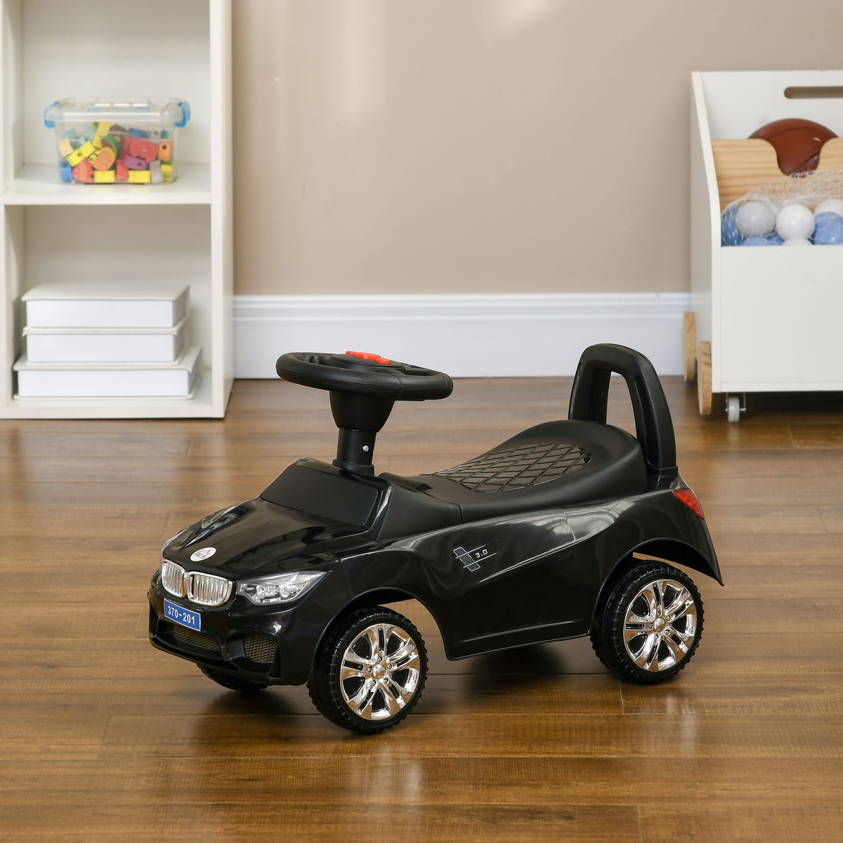 Porteur enfants voiture, véhicule à pousser avec coffre à jouets, klaxon, phares et musique, 63,5 x 28 x 36 cm, noir-9