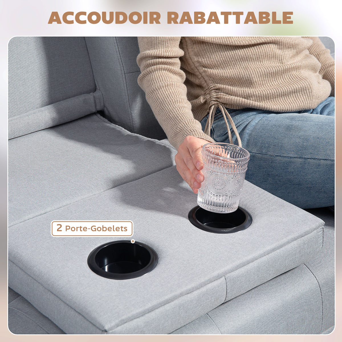 Canapé convertible 3 places, canapé-lit rembourré avec dossier réglable 3 niveaux, 2 coussins et 2 porte-gobelets intégrés, tissu de lin, pour salon, chambre d'amis, petit espace, gris clair