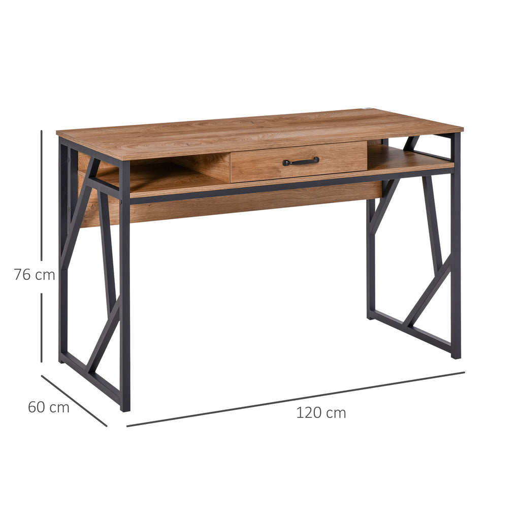 Bureau Style Industriel 120L x 60l x 76H cm tiroir + 2 niches piètement métal Noir Plateau, pour Étude, Aspect-2