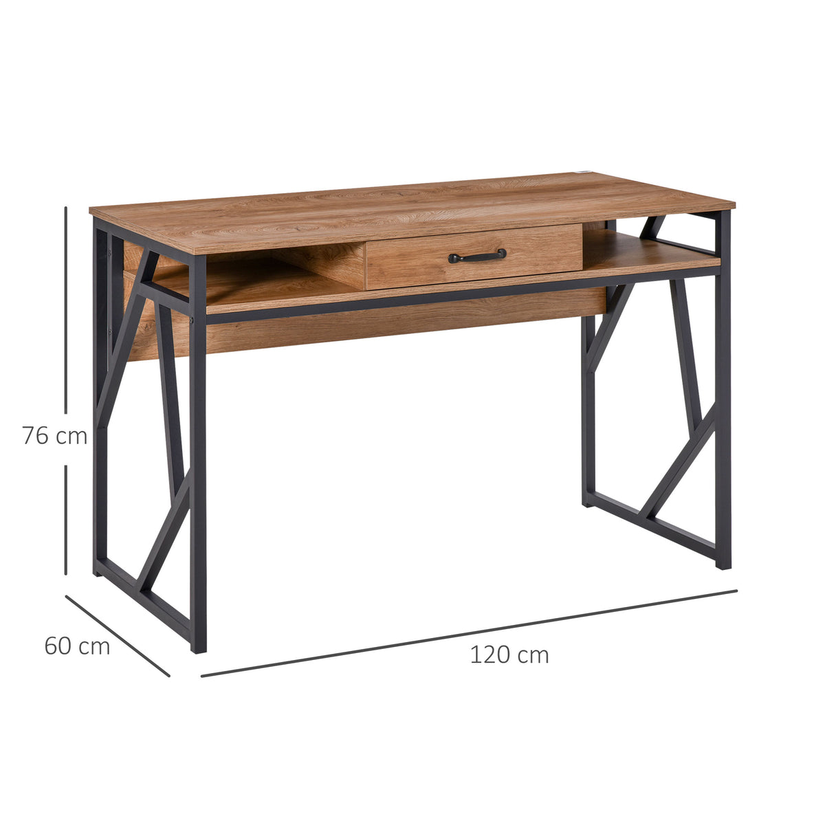 Bureau Style Industriel 120L x 60l x 76H cm tiroir + 2 niches piètement métal Noir Plateau, pour Étude, Aspect-2