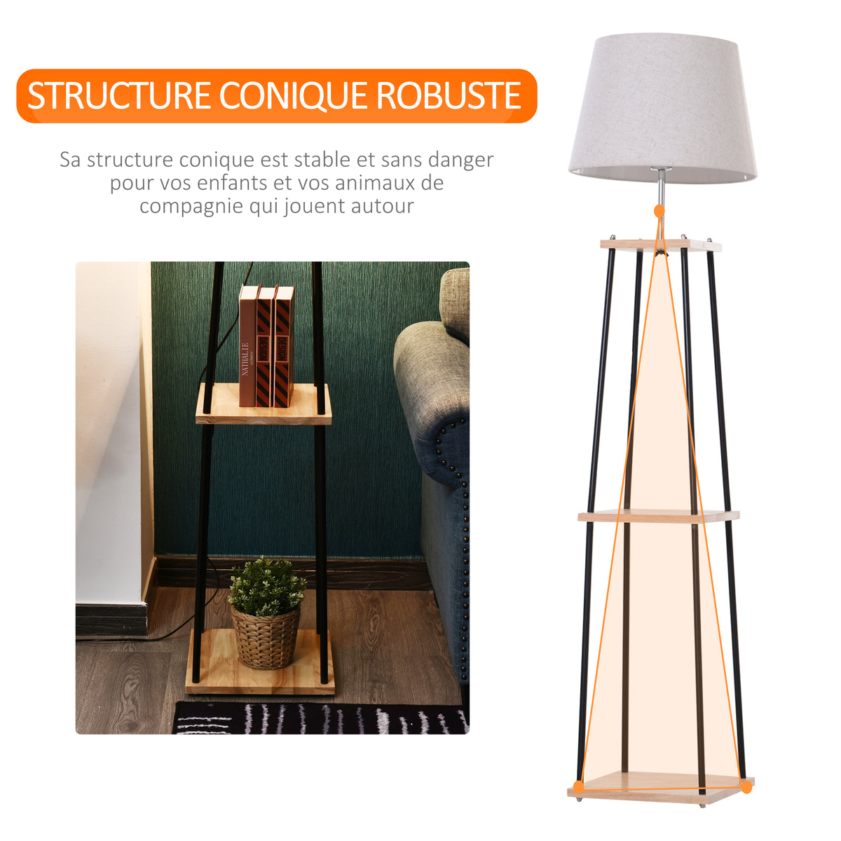 Lampadaire design contemporain dim. 40L x 40l x 160H cm 40 W max. 3 étagères intégrées bois massif pin métal noir lin beige-5