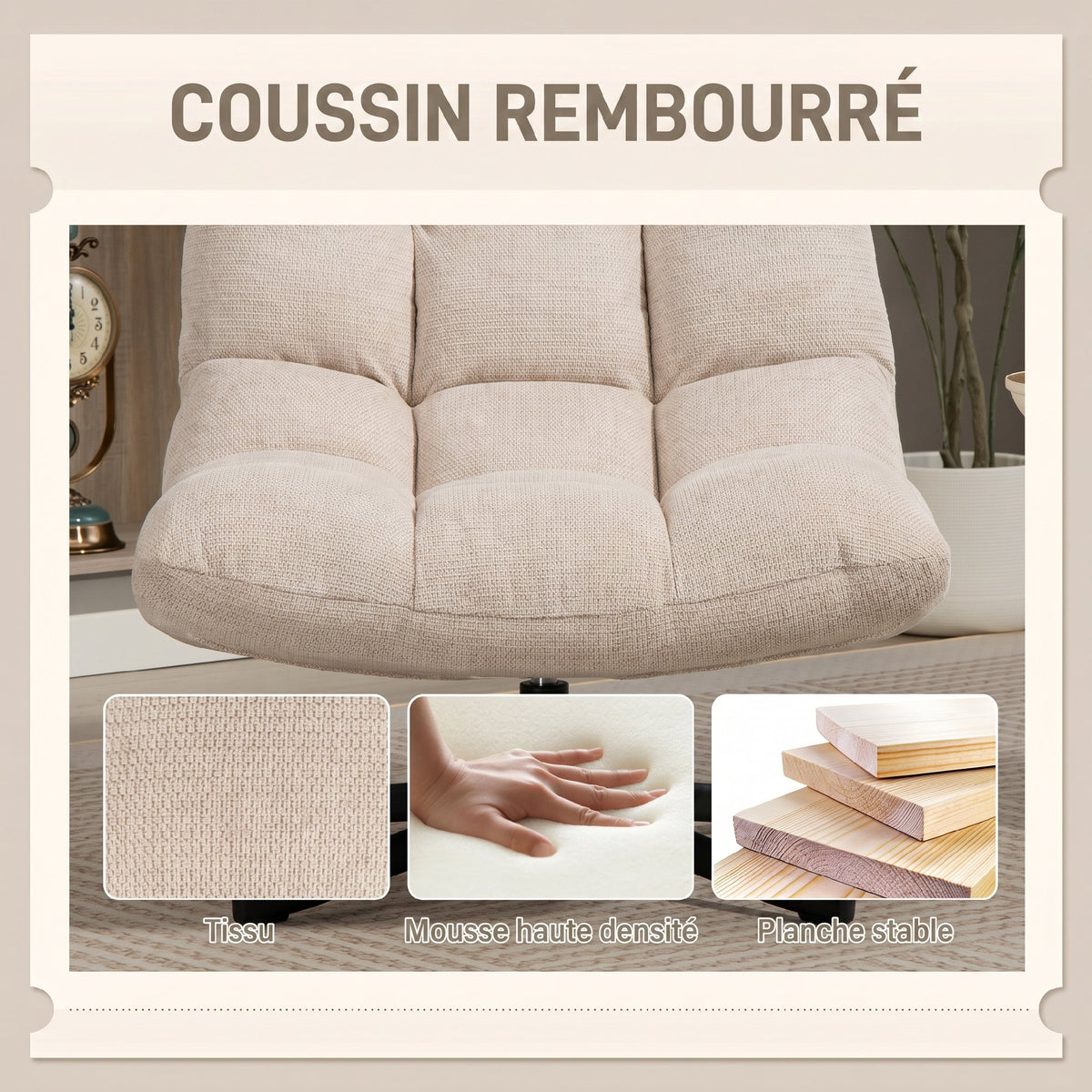 Fauteuil Salon sans Accoudoirs, Chaise Pivotante en Tissu Chenille, Assise Large, 75 x 95 x 90 cm, Crème-4