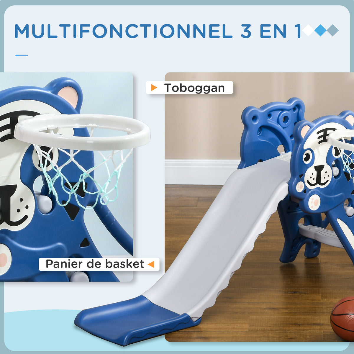 Toboggan pour enfants, toboggan intérieur pour enfants, avec panier de basket, thème tigre, de 18 à 36 mois, bleu-3
