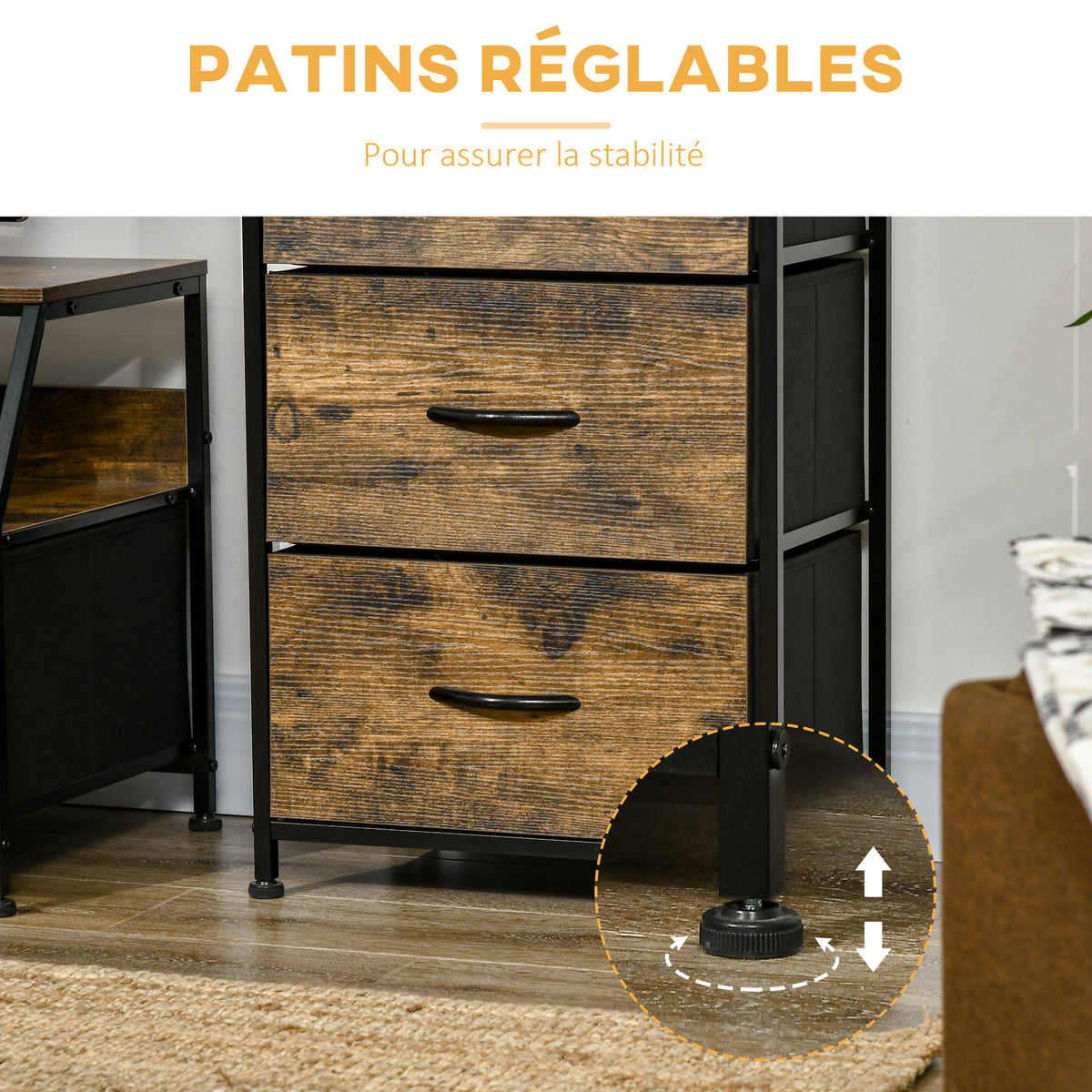 Meuble de rangement style industriel commode 3 tiroirs en tissu amovibles et 2 étagères - 44 x 29 x 92 cm - bois et métal-5