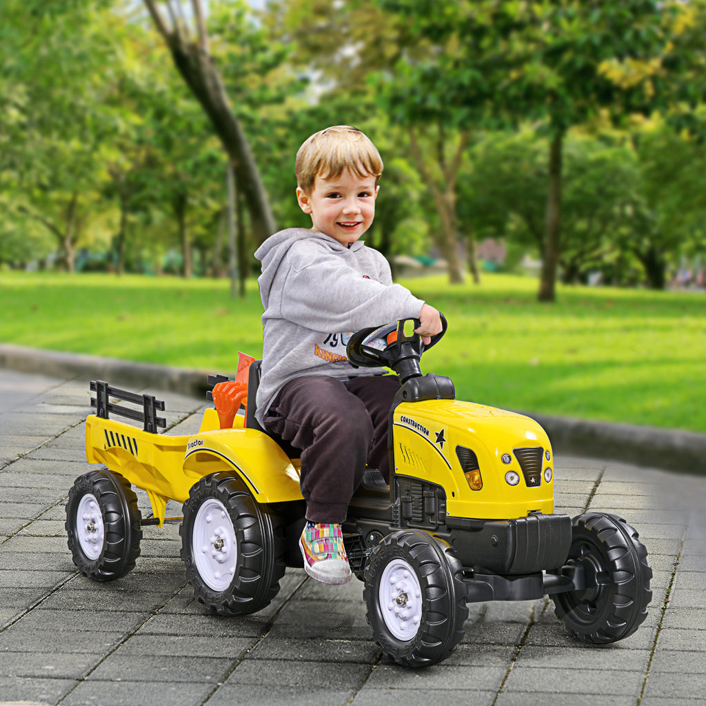 Porteur tracteur enfants avec remorque, râteau et pelle, tracteur à pédales 6 roues, charge 35 kg, pour 3+ ans, jaune