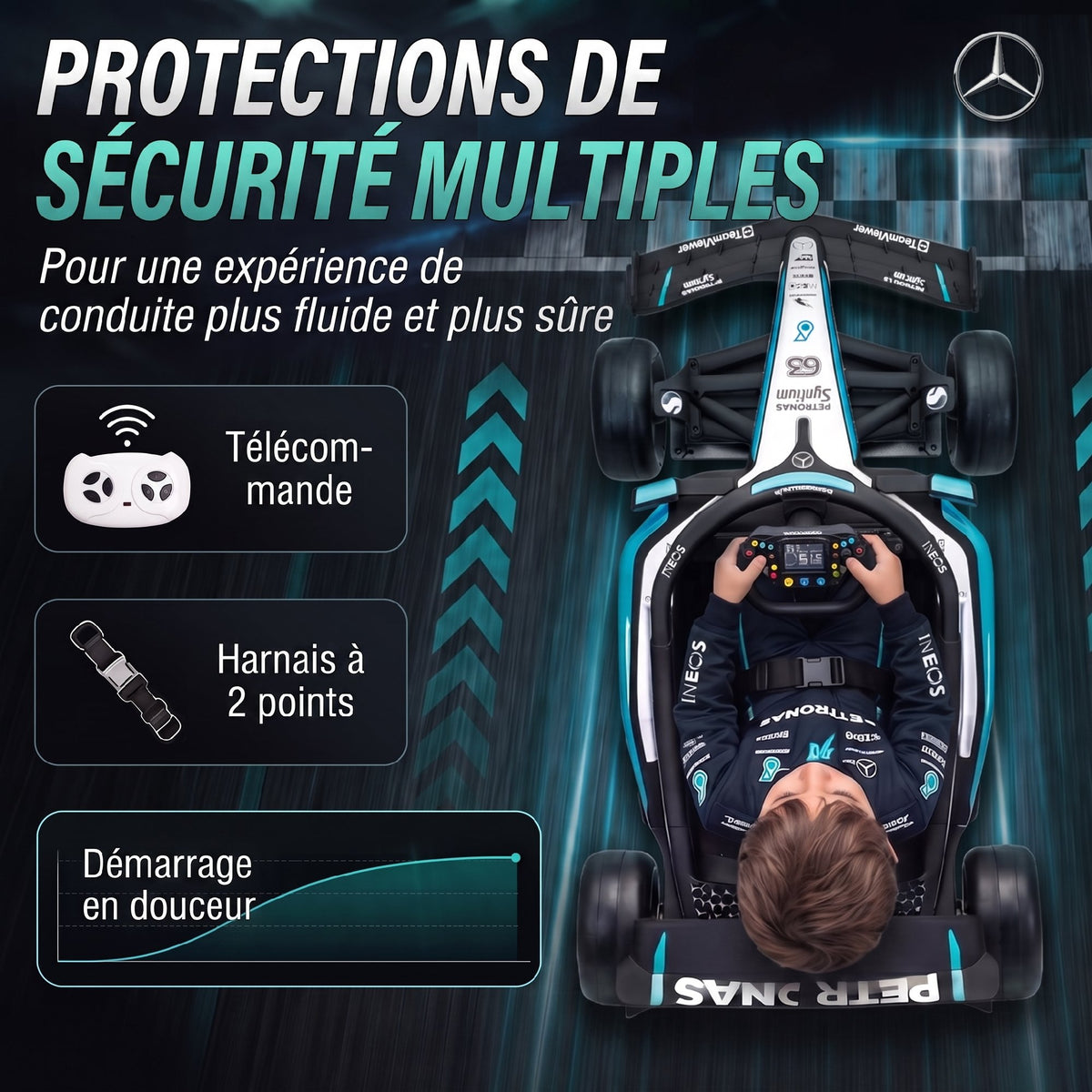 Mercedes-AMG PETRONAS F1 elektromos gokart – 12 V, lítiumakku, távirányító (Fekete/ezüst)