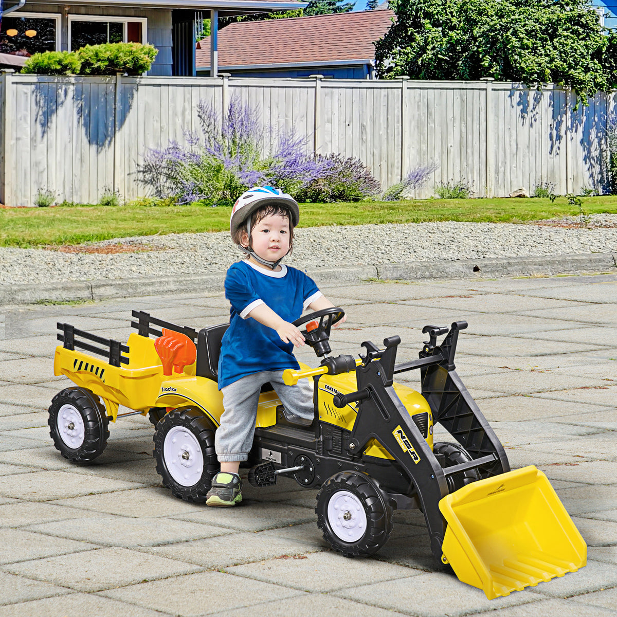 Tracteur à pédales tractopelle avec remorque Pelle et râteau Jeu de Plein air Enfants à partir de 3 Ans Jaune Noir