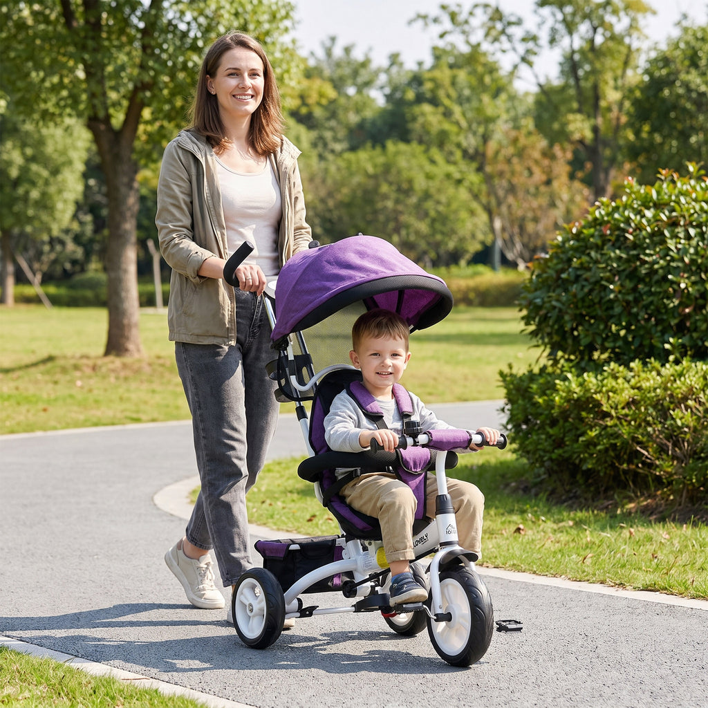Tricycle enfant évolutif pare-soleil pliable canne télescopique amovible 95 x 50 x 106 cm acier violet blanc