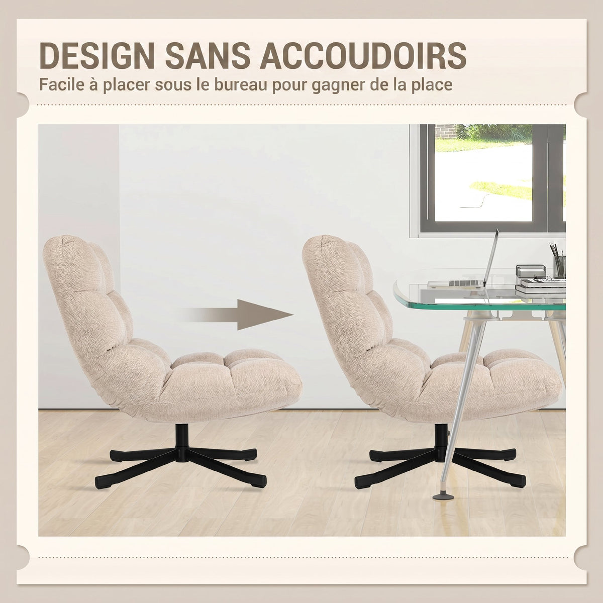 Fauteuil Salon sans Accoudoirs, Chaise Pivotante en Tissu Chenille, Assise Large, 75 x 95 x 90 cm, Crème-5