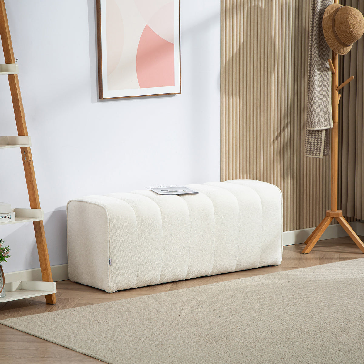 Banc bout de lit, banquette rembourrée, style moderne, ottoman en tissu aspect lin, 110 x 40 x 44 cm, crème-9