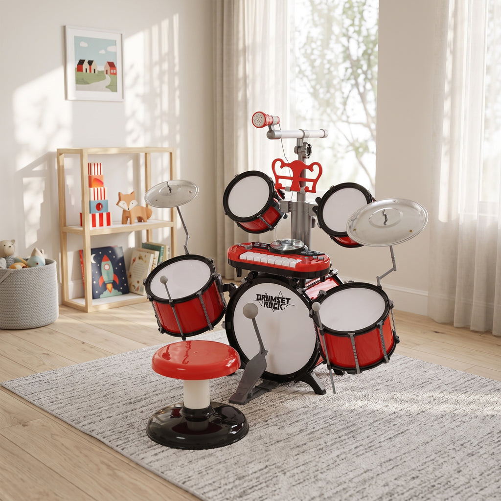 Kit de Batterie pour Enfants avec Tabouret, Clavier Électronique, Microphone, Connecté via USB, 77,5x40x76,5cm, Rouge