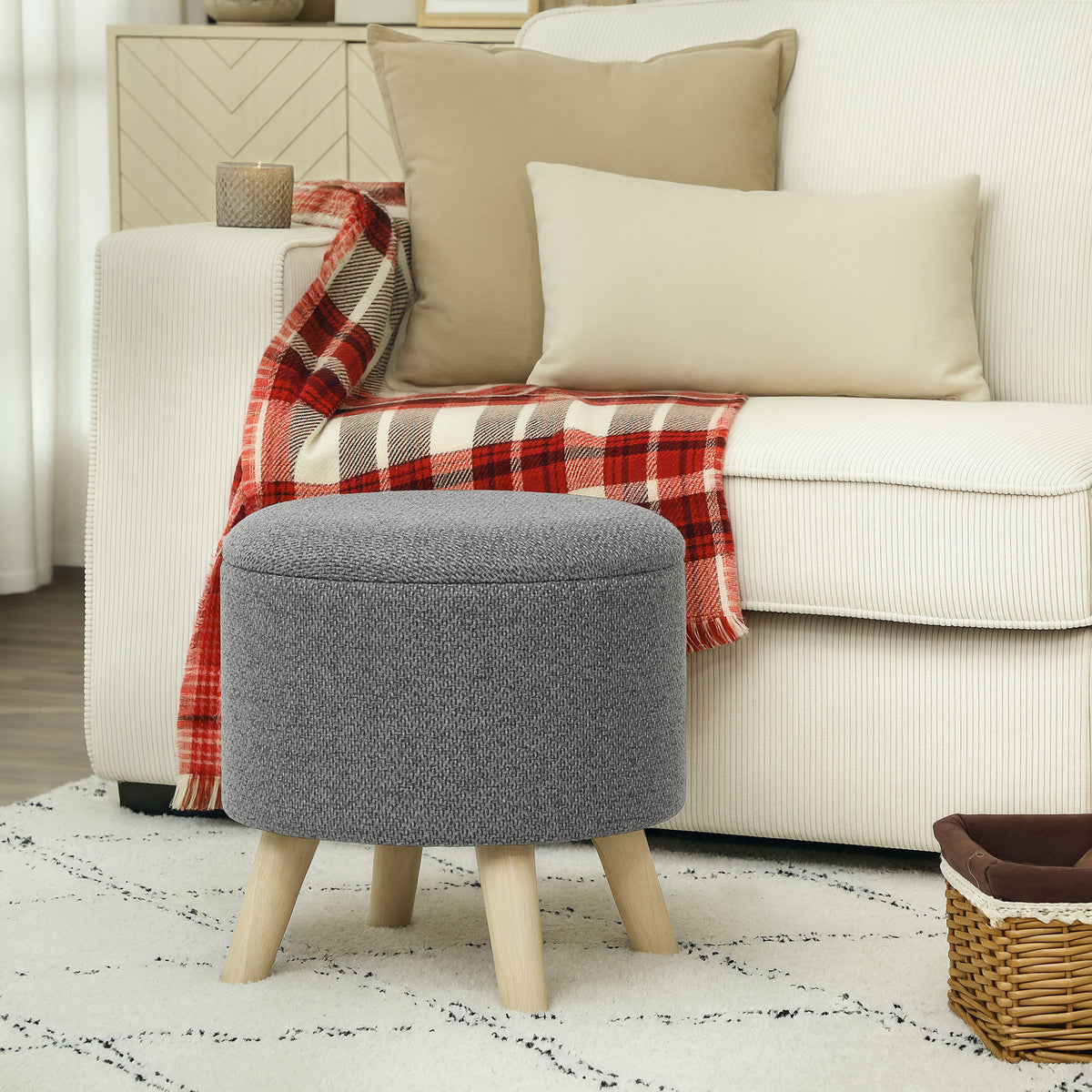 Pouf rond repose-pieds tabouret avec coffre de rangement pieds en bois design moderne gris-9