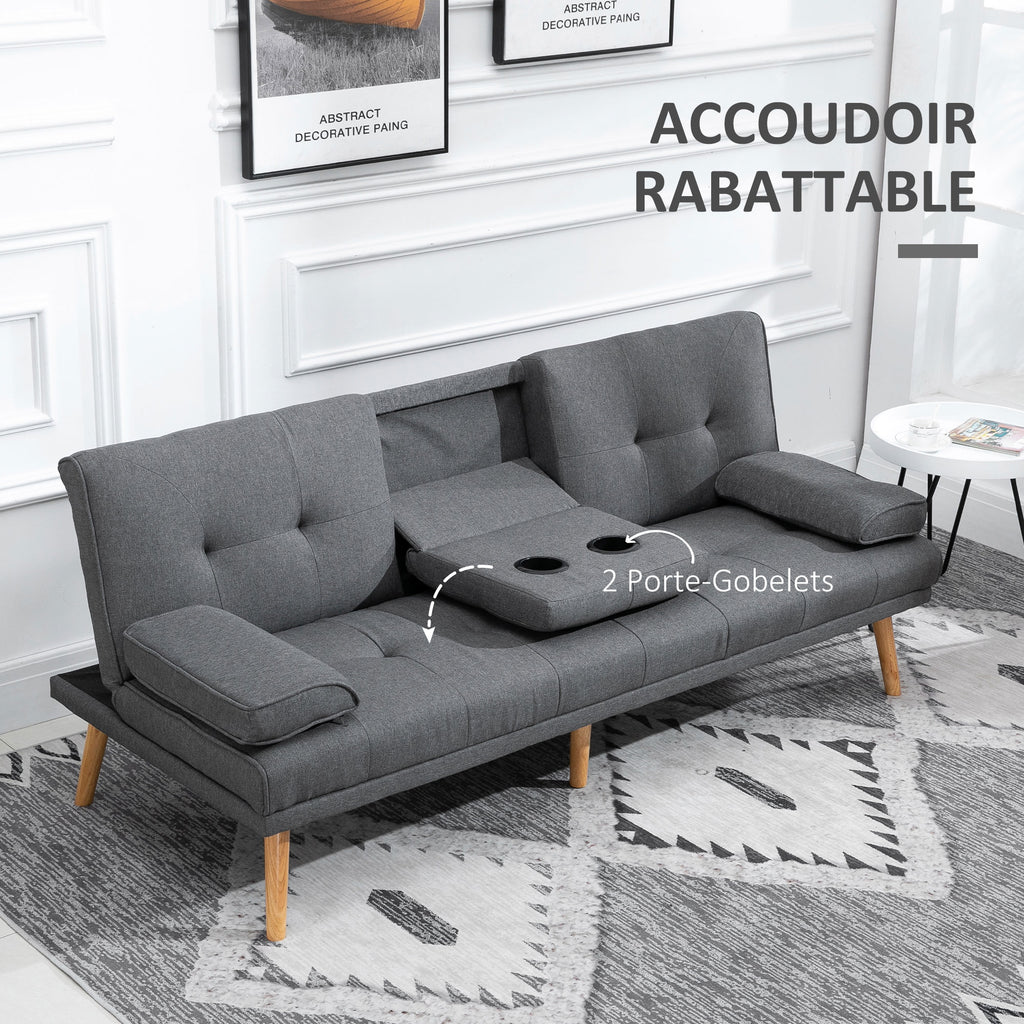 Canapé convertible 3 places, canapé-lit rembourré avec dossier réglable 3 niveaux, 2 coussins et 2 porte-gobelets intégrés, tissu de lin, pour salon, chambre d'amis, petit espace, gris foncé-6