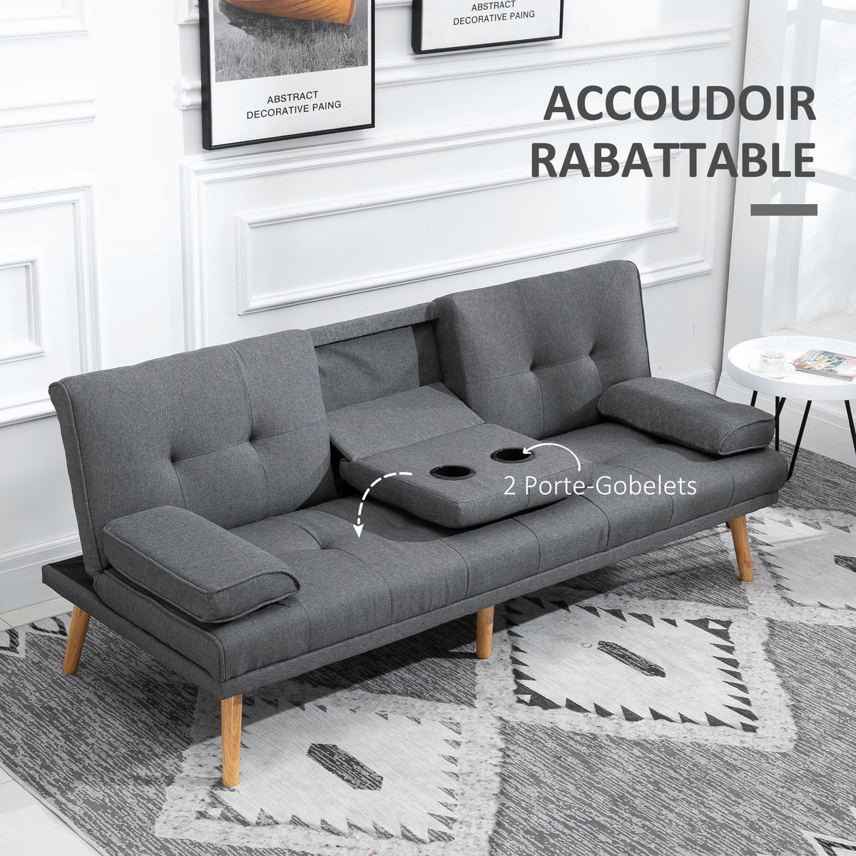 Canapé convertible 3 places, canapé-lit rembourré avec dossier réglable 3 niveaux, 2 coussins et 2 porte-gobelets intégrés, tissu de lin, pour salon, chambre d'amis, petit espace, gris foncé-6