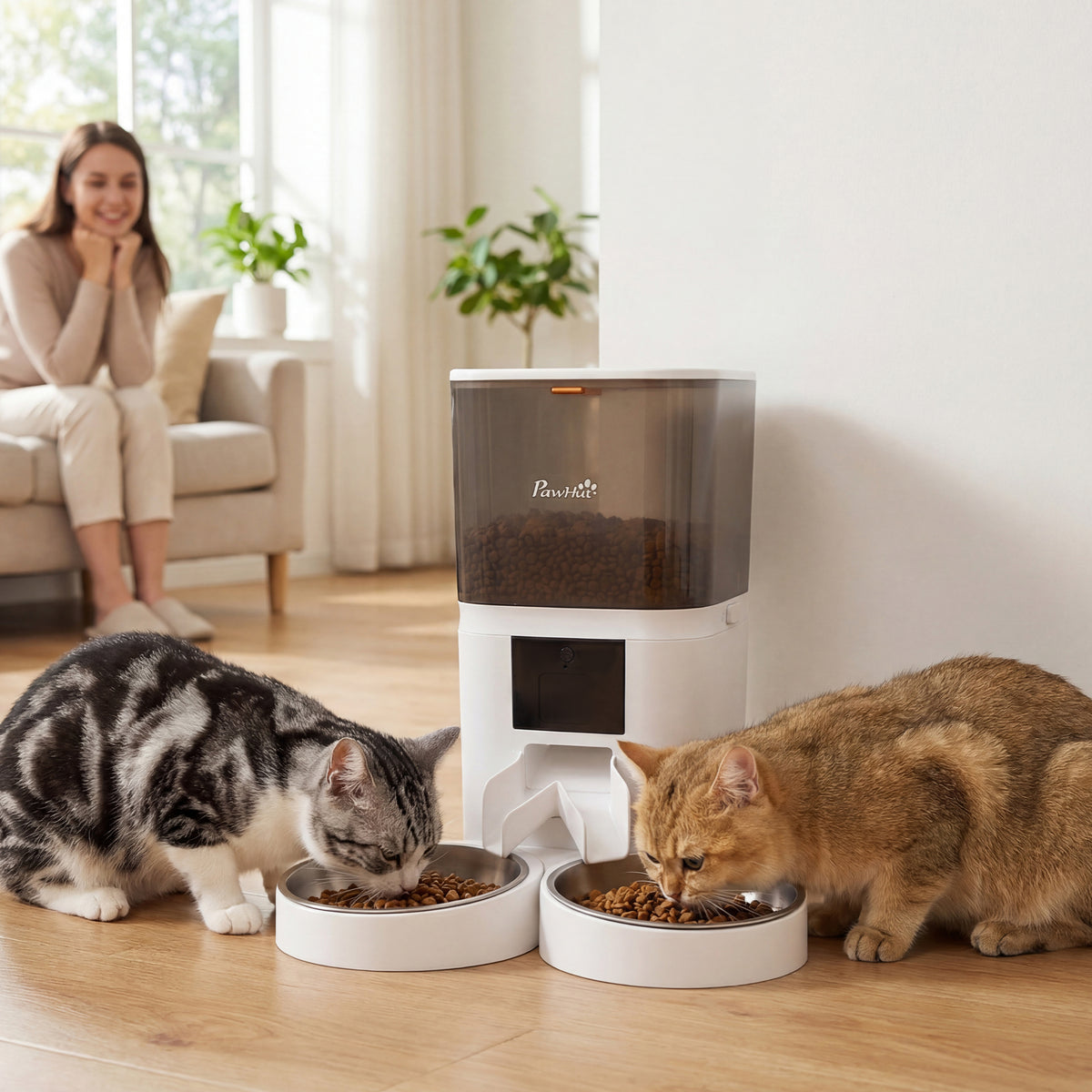 Distributeur Croquettes Chat Automatique 2 Animaux 6L Double Bol Inox WiFi Tuya App ABS 37x36x35cm Blanc-9