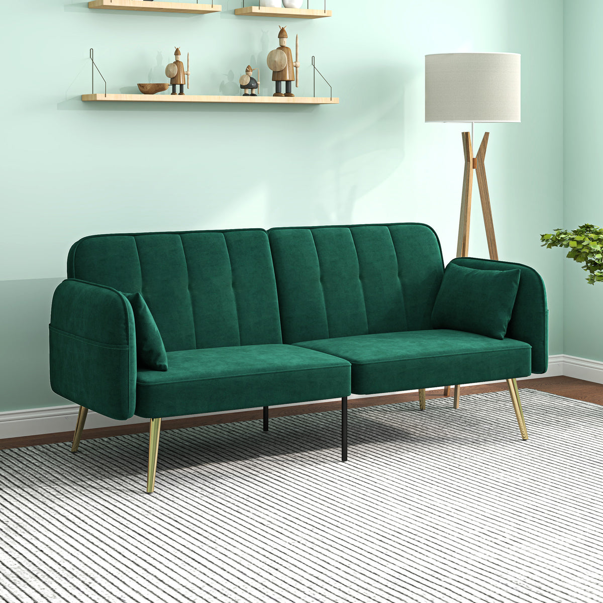 Canapé convertible 2 places canapé-lit canapé clic-clac en tissu velours avec dossier réglable, vert foncé-1