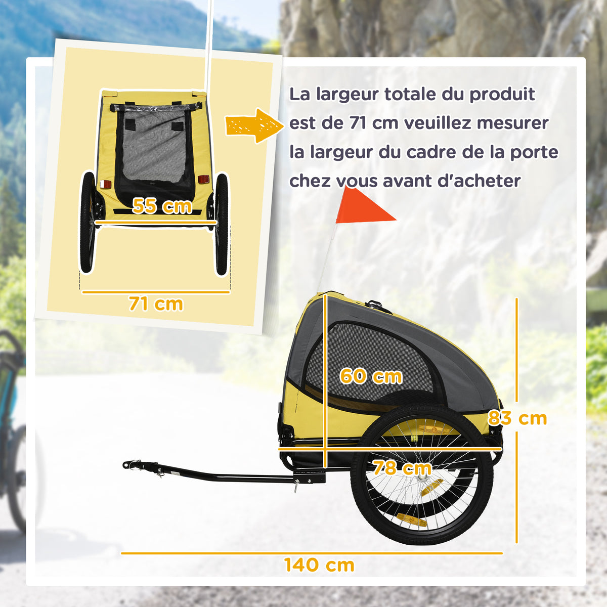 Remorque de vélo pour chien avec fenêtres en maille réflecteurs et drapeau de sécurité 140 x 71 x 83 cm jaune
