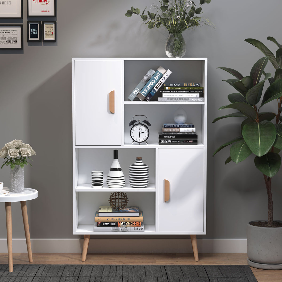 Bibliothèque scandinave 4 niches + 2 placards avec étagère dim. 80L x 24l x 123H cm Pieds effilés inclinés Bois Massif Panneaux Particules Blanc-1