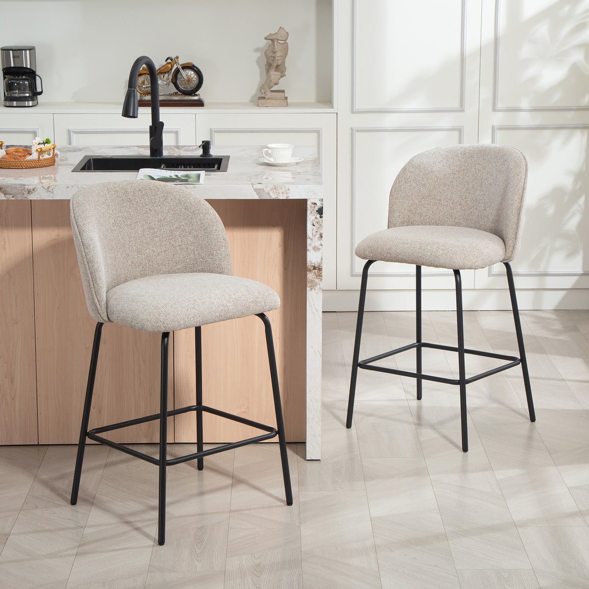 Lot de 2 Tabourets de Bar, Chaises de Bar, Repose-Pieds et Dossier, Tissu Effet Lin, Hauteur d'Assise 68cm, Gris Clair-1