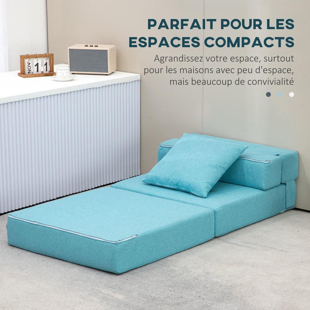 Chauffeuse canapé-lit convertible fauteuil 1 place avec 1 coussin déhoussable, tissu bleu